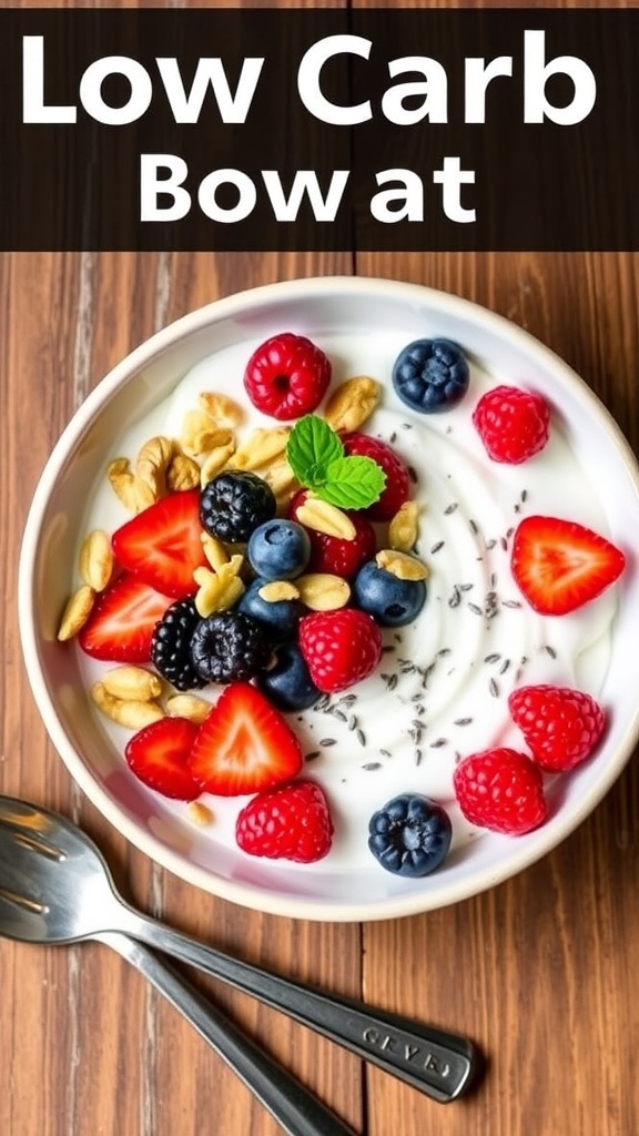 A healthy low carb yogurt bowl with Greek yogurt, berries, nuts, and chia seeds on a wooden table.